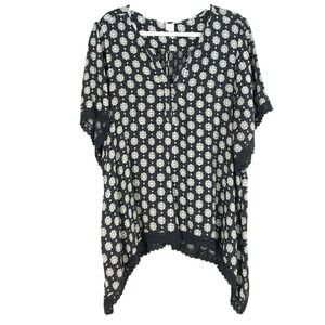 Wild Pearl Black White Geometric Print Lace Trim Tunic Top Kimono Style XL